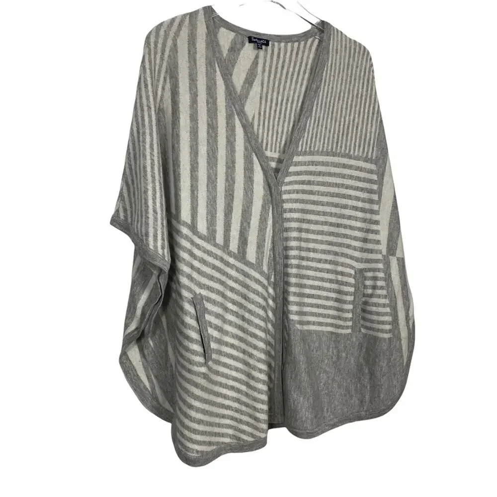 Splendid Poncho Grey White Striped Longline Wool Cashmere Size Small